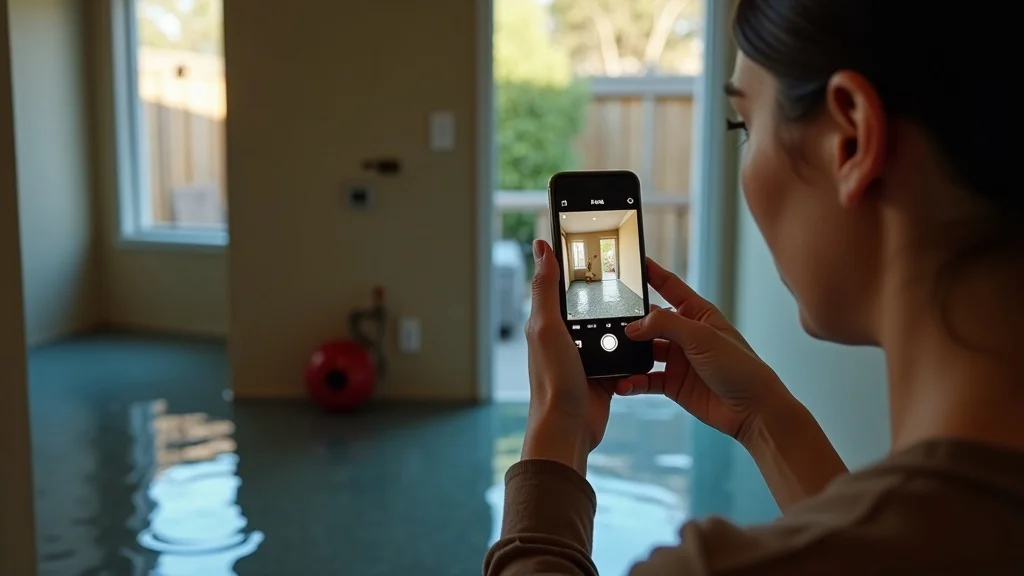 Calm San Antonio homeowner documenting water-damaged area with smartphone, water mitigation, insurance claim, minor flooding in entryway
