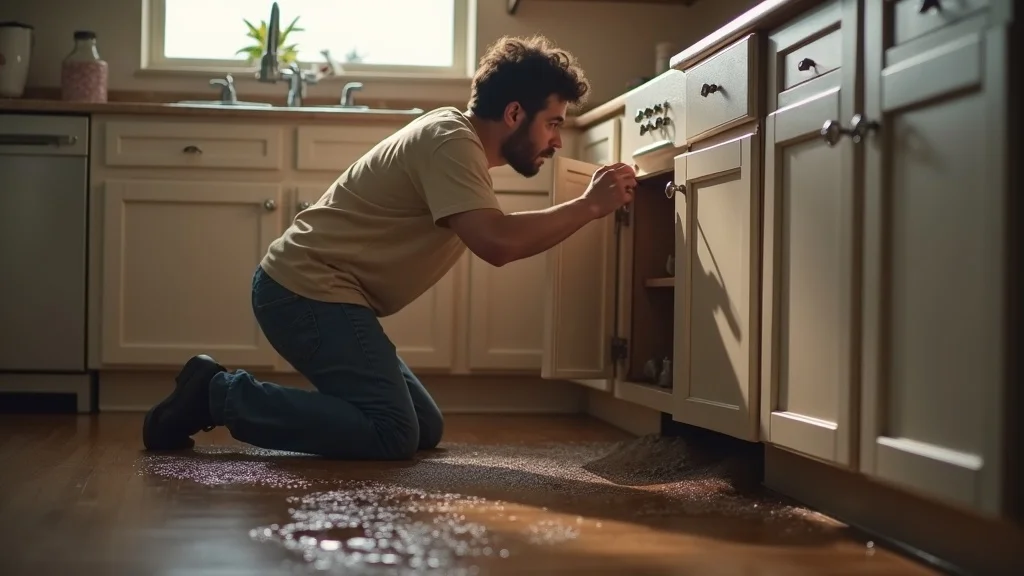Concerned Texas homeowner inspecting a burst pipe in a modern Kyle, Texas home kitchen. Burst pipe repair Kyle image showing water soaking a cabinet under the sink and glistening water droplets pooling on the floor.