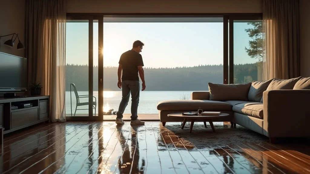 Dramatic lakeside residential property with concerned homeowner inspecting water-damaged flooring in Canyon Lake lakefront property