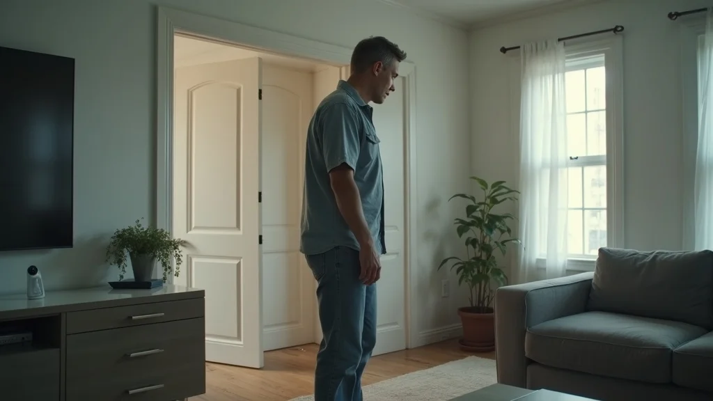 Worried homeowner inspecting damaged living room, air quality testing water damage