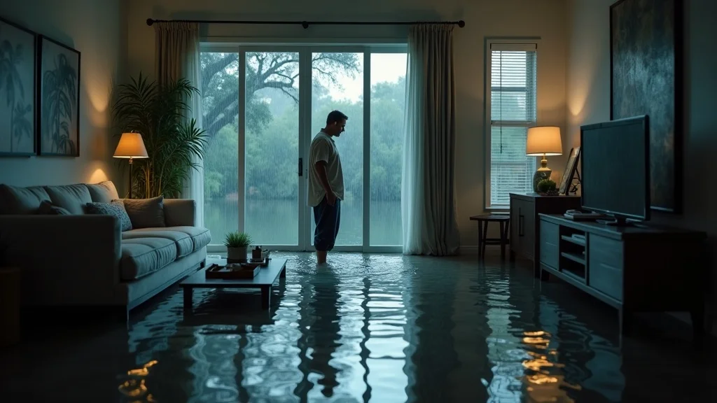 Dramatic flooded living room in a modern San Antonio home with visible water pooling and anxious homeowner—rain outside, water reflections, photorealistic, water mitigation san antonio