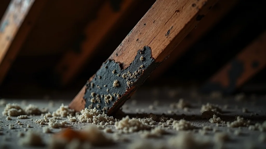 Water damage restoration in Cibolo: attic beams with mold, rot, and water stains after roof leak and emergency water removal