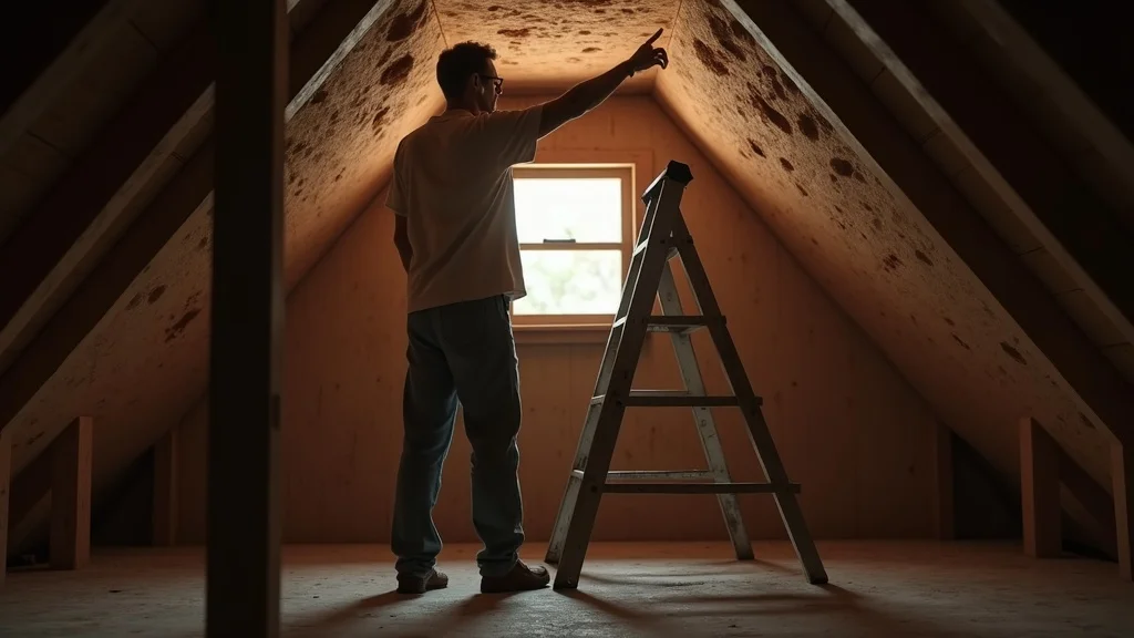 Attic water damage cibolo: homeowner inspecting water stains on attic ceiling and insulation after roof leak in Cibolo home